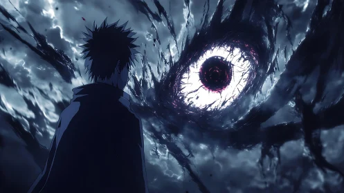 Dark anime figure facing massive ominous cosmic eye.