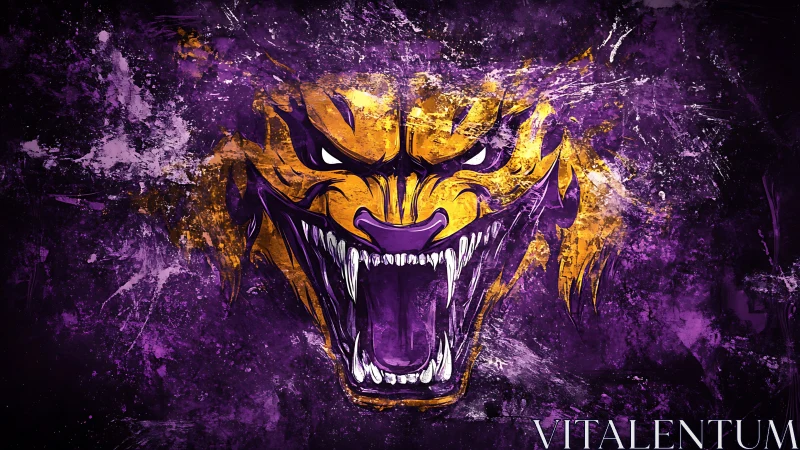 Stylized feral creature head with open jaws in purple field.