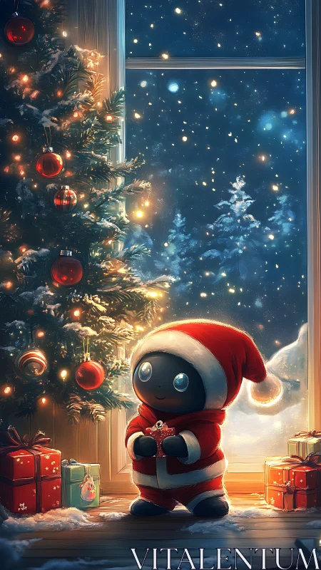 Cute robot Santa holds gift beside glowing Christmas tree.