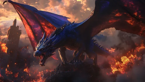 Stormscale dragon crowns a burning citadel at dusk.