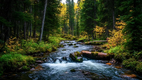 Mountain Stream Through Autumnal Forest Canopy.