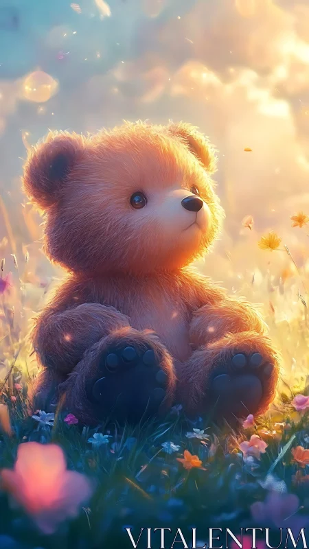 Digital teddy bear among flowers in soft evening light.