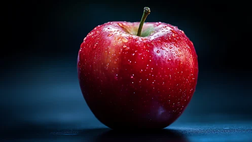 Single red apple is positioned centrally against dark background