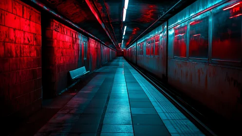 Neon-soaked empty subway platform in bold red and cyan glow.