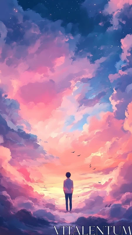 Silhouetted figure stands amid luminous pink and blue clouds