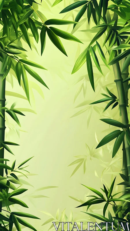 Vertical digital illustration shows structured bamboo foliage