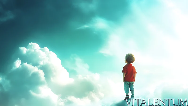 Young child standing on bright clouds under teal sky.