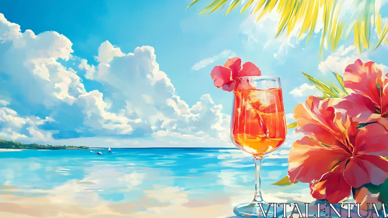 Tropical Paradise: Sunlit Beach Cocktail with Floral Accent.