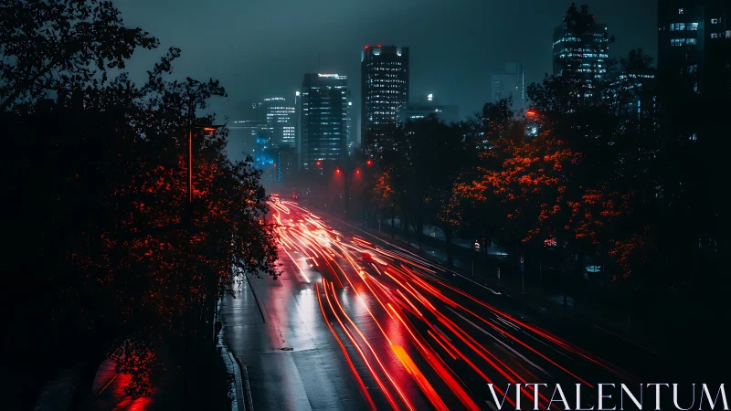Night city highway with red light trails and tall buildings.