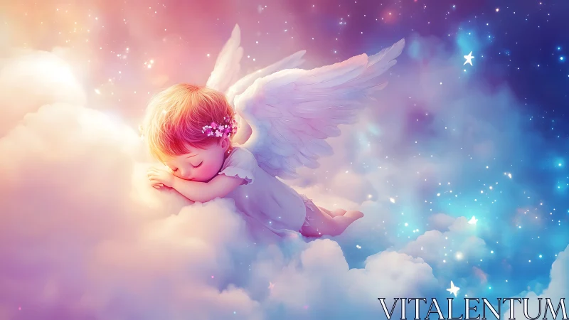 Sleeping baby angel resting on glowing pastel clouds.