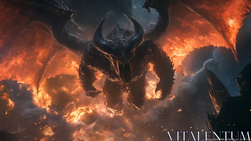 Fiery sky titan soaring above a storm of crumbling ruins.