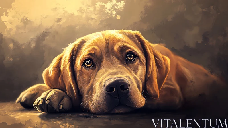 Digital portrait of golden dog resting on neutral ground.