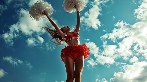 Low-angle cheerleader silhouette against expansive sky backdrop.