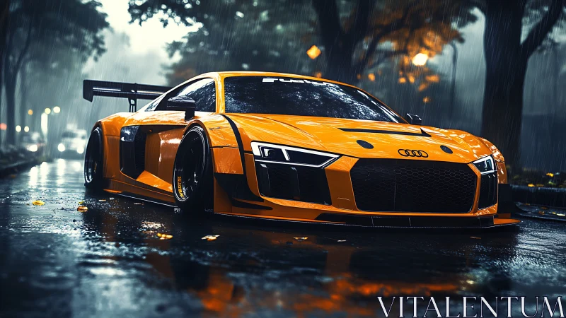 Aerodynamic GT racer in rain-soaked urban streetscape at dusk.