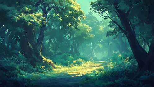 Luminous Forest Canopy with Golden Sunlit Clearing.