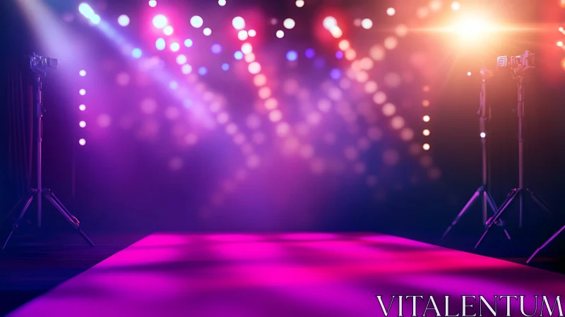 Red carpet runway under vibrant stage spotlights.