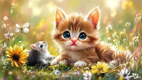 Digitally rendered feline and rodent in floral meadow setting