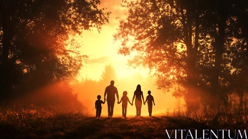 Silhouetted family walking on forest path at warm sunset.