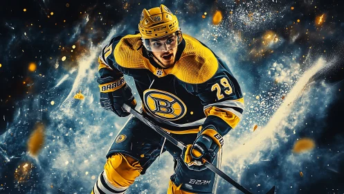 Electric ice hockey hero racing through swirling sparks.