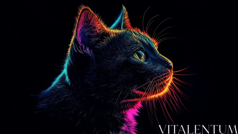 Neon-outlined black cat profile on deep black canvas.