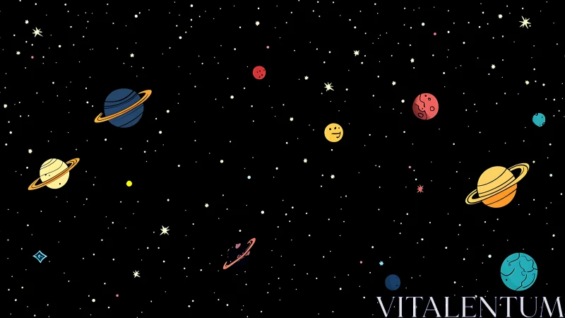 Stylized planetary system with flat-color orbits on star-dense void