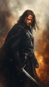 Brooding fantasy warrior standing strong amid swirling fire.