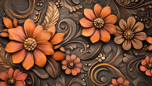 Ornate 3D Floral Sculpture with Gold Metallic Blooms and Botanical Accents