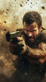 Battle-hardened soldier aiming handgun in explosion scene.