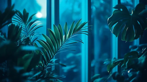 Cool-toned tropical foliage silhouettes against glazed window