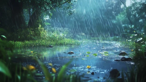 Rain-drenched forest pond humming with quiet green magic.