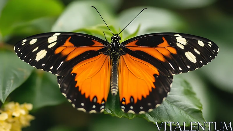 Bright orange butterfly rests calmly on fresh green leaves