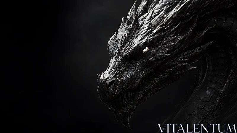 Dark-scaled dragon portrait in harsh side lighting.