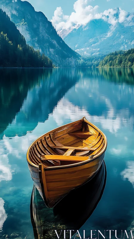 Wooden rowboat rests on mirror lake amid alpine mountain range