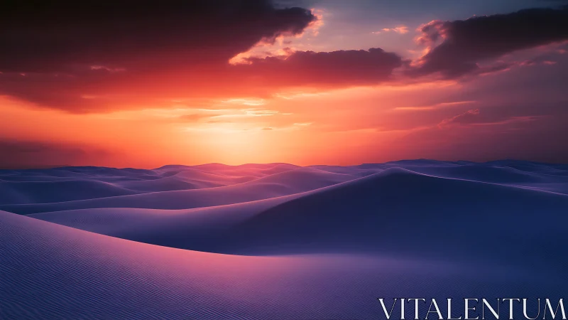 Digital painting of desert dunes under chromatic sunset sky.