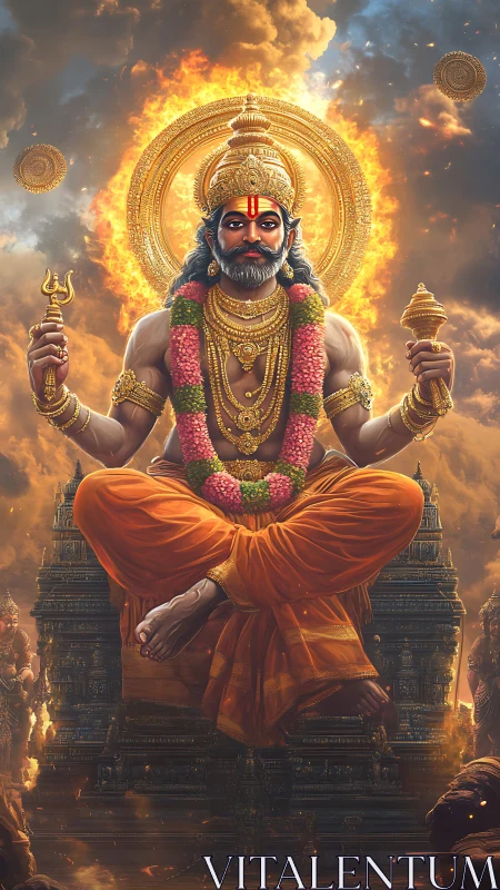 Hindu deity seated in meditation over ornate golden temple.