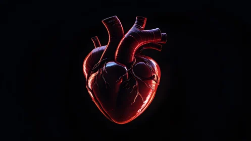 Realistic Human Heart Illustration on Dark Background, Digital Art.