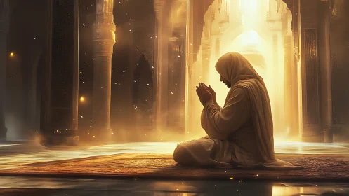Luminescent mosque interior with kneeling robed supplicant figure.