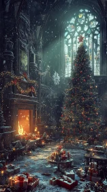 Grand hall displays towering Christmas tree and fireplace
