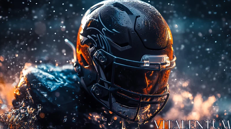 Stormlit football helmet holds its ground in molten rain