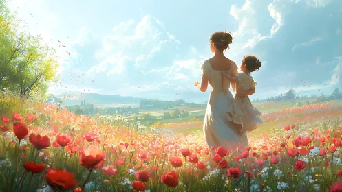 Sunlit meadow stroll captures tender moment between mother and child