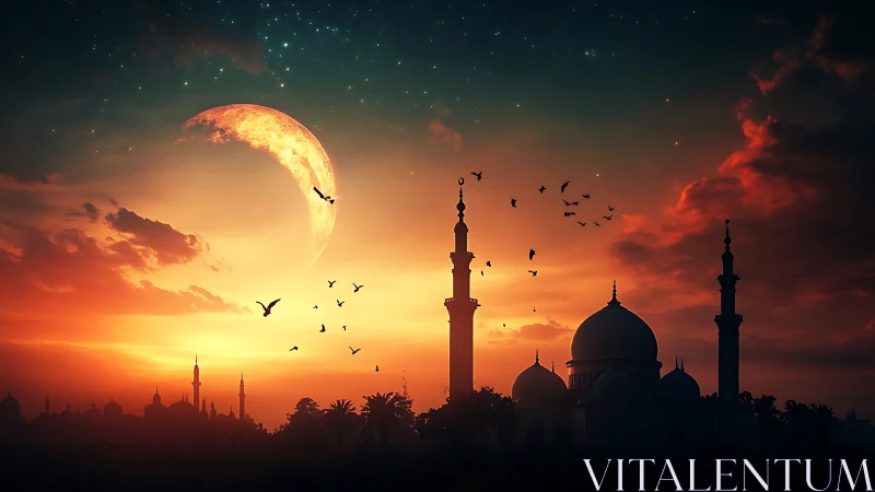 Silhouette of domed mosque under crescent moon at dusk.