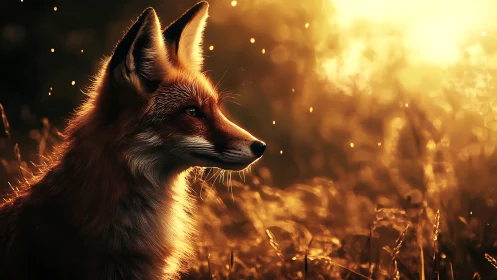 Fox in embers of sunset light with golden backlit field.