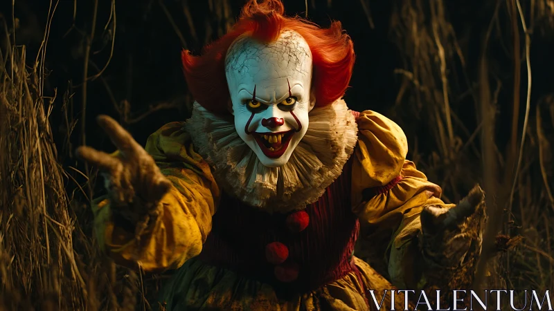 Photorealistic horror clown portrait with dramatic lighting.