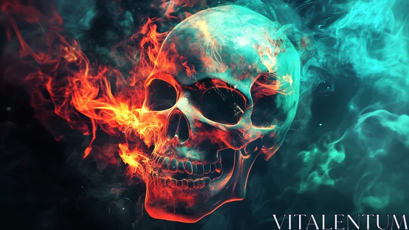 Digital human skull model is surrounded by red and cyan flames
