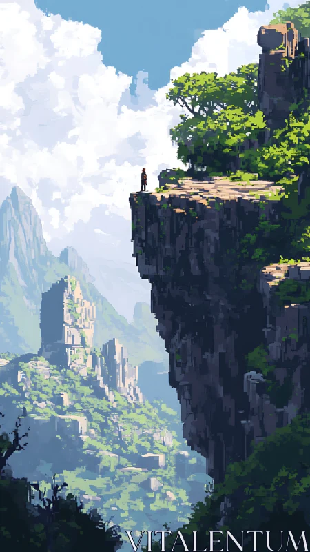 Pixel-rendered cliff panorama isolates lone figure against vast sky