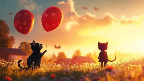 Silhouetted Cats Holding Heart-Patterned Balloons at Golden Hour Sunset