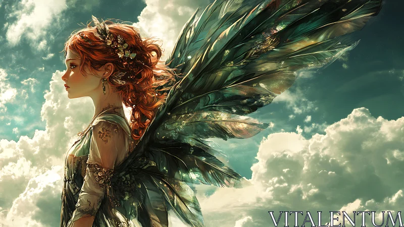 Red haired winged fairy profile against bright clouds.