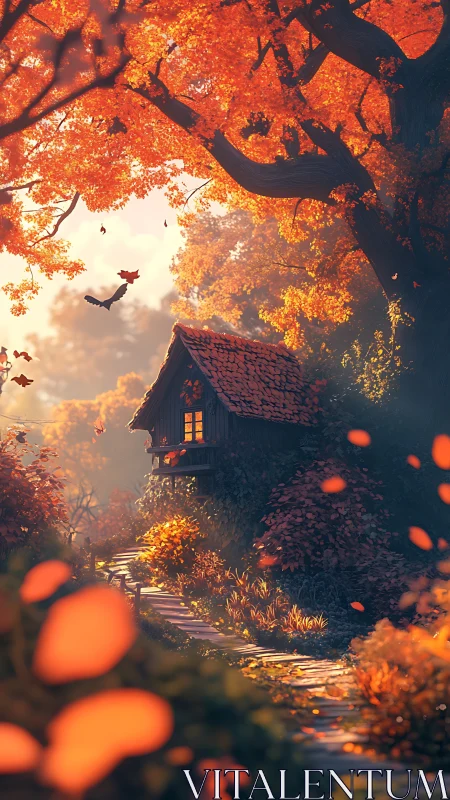 Autumn forest path leading to small cottage at dusk.