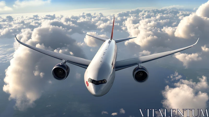 Photorealistic widebody airliner cutting through stratocumulus skies.