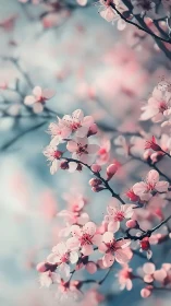 Delicate pink cherry blossoms bloom on dark branches